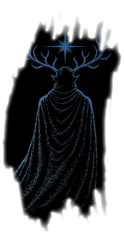 A blue robed figure beneath antlers and a star